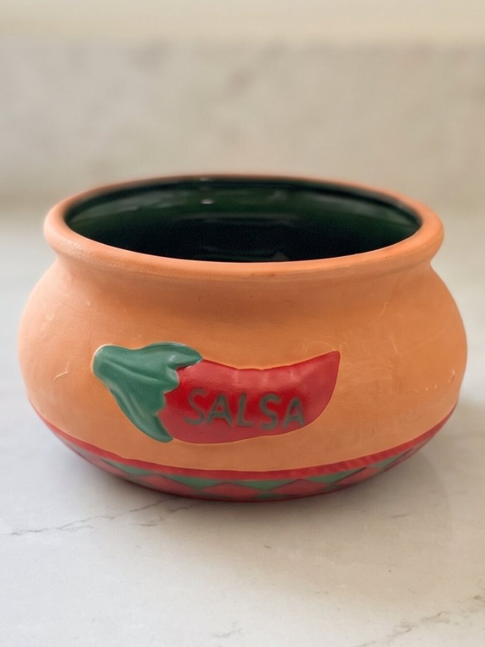 Handmade Terracotta Salsa Bowl Pot Red Chili Pepper Green Interior 5"